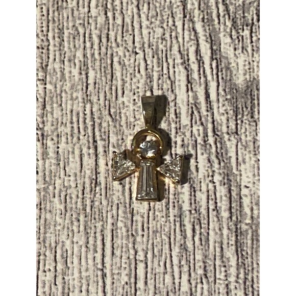 Estate Jewelry - Vintage 14K Gold Filled Rhinestone Angel Cross Pendant 3/4" Guardian Angel